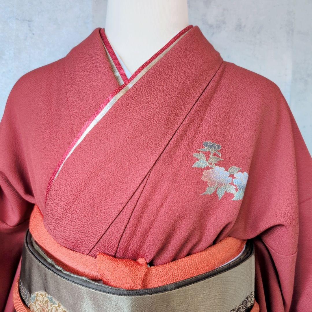 訪問着　フルセット　着物　正絹　赤　金　楽器　笛　バチ衿　O5