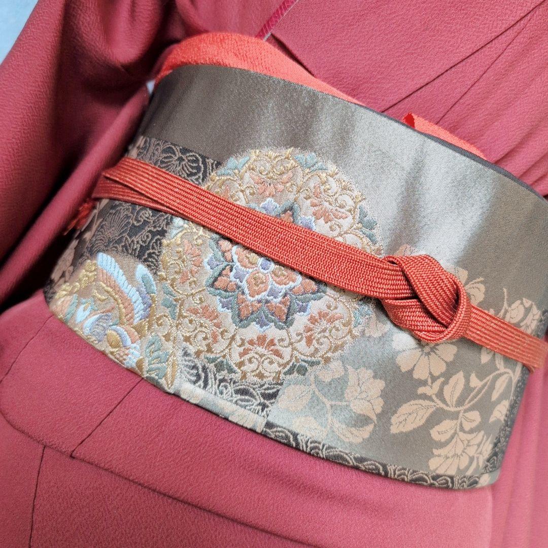 訪問着　フルセット　着物　正絹　赤　金　楽器　笛　バチ衿　O5