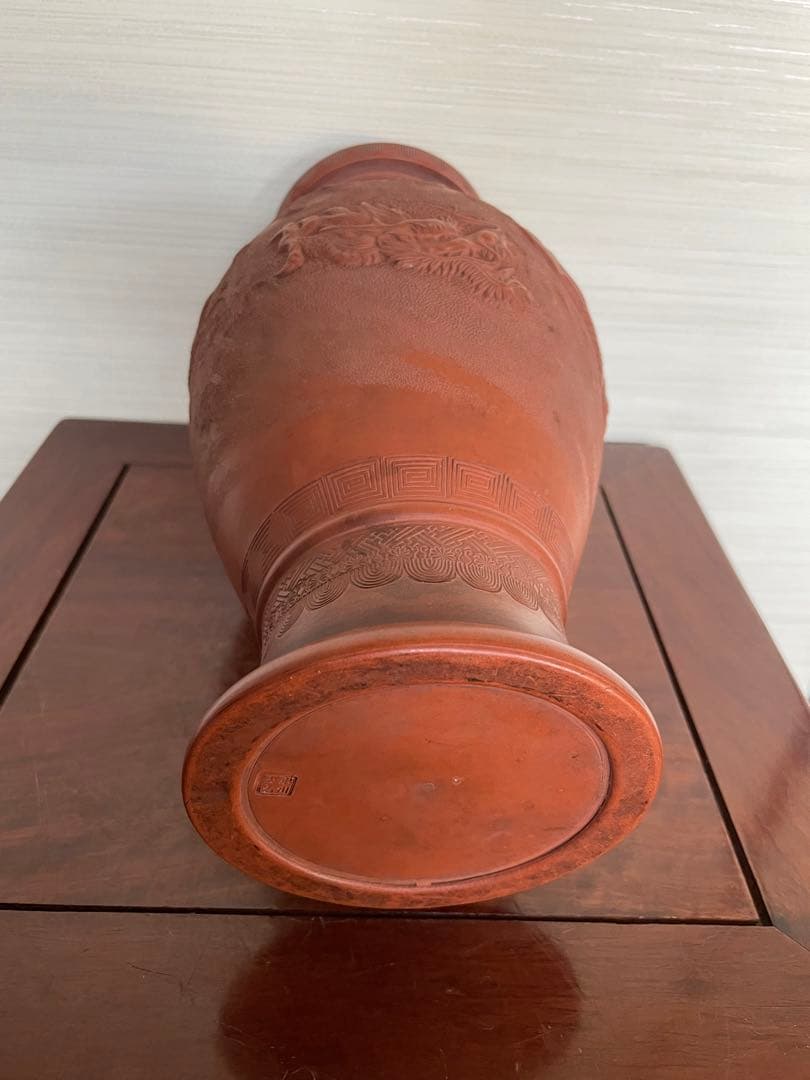 日本常滑 雲龍紋朱泥花瓶 名工細密 古道具時代物 美術品 古董品
