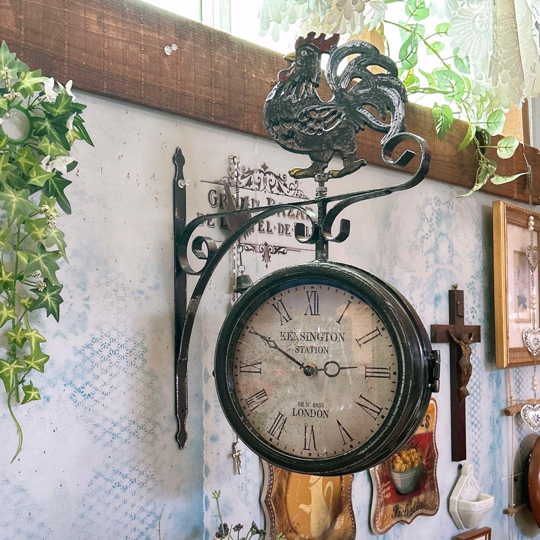 おしゃれな壁掛け時計 アンティーク 風見鶏top 両面時計 シャビーブラック