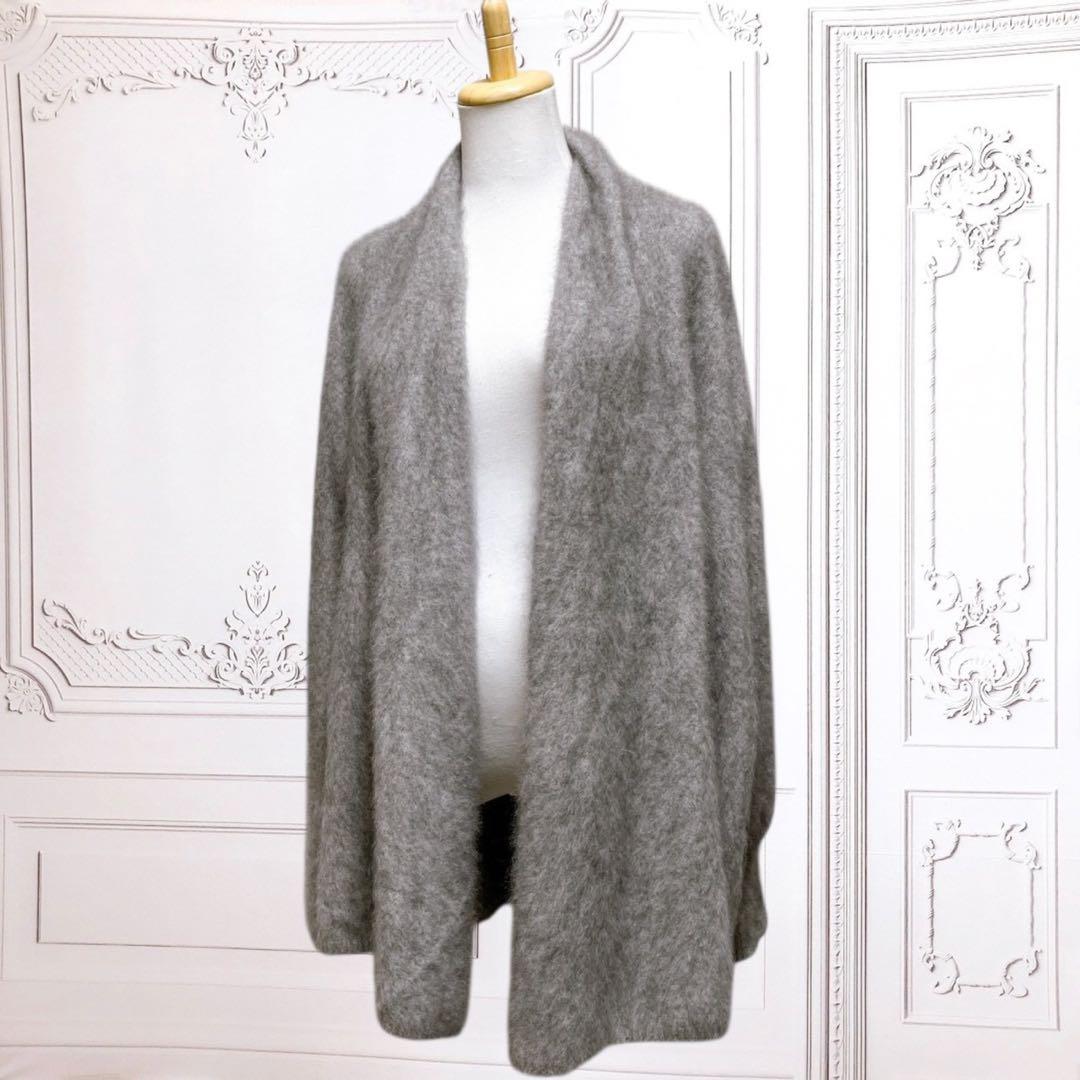 上質『ノーブル』ロング カーディガン【F】グレー 高級 毛皮 ウール ラクーン
