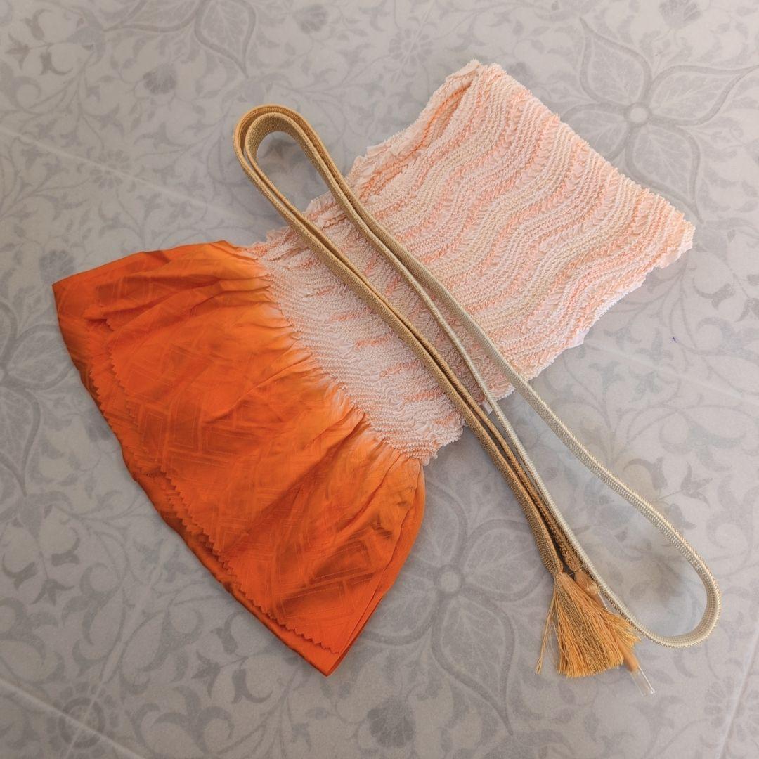 訪問着　フルセット　着物　正絹　トールサイズ　赤橙　金　豪華　鳥　祝い事　F7