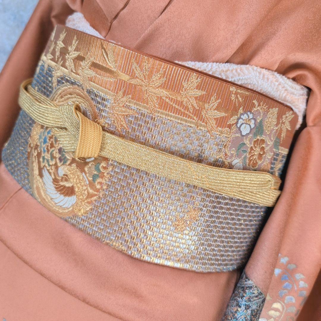 訪問着　フルセット　着物　正絹　トールサイズ　赤橙　金　豪華　鳥　祝い事　F7