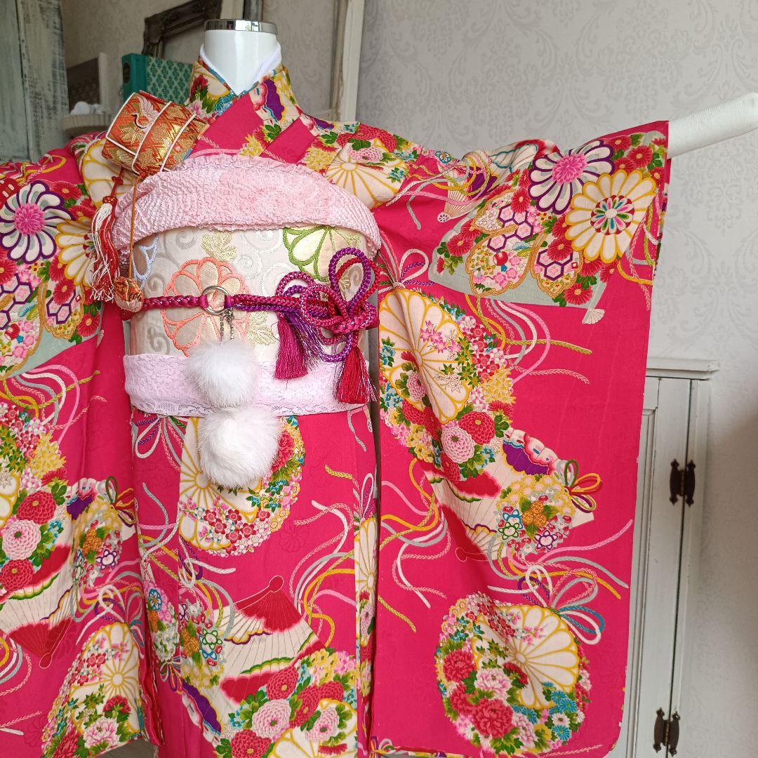 アンティーク綺麗なピンクの着物に薔薇の花作り帯セット