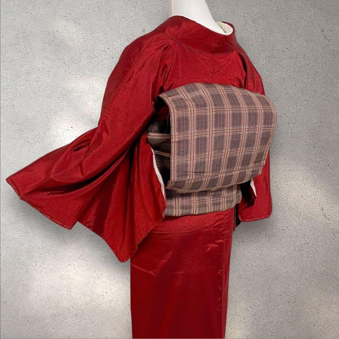 sy254 色紬 正絹 紬着物 色無地 身丈159裄丈67 新品美品 赤