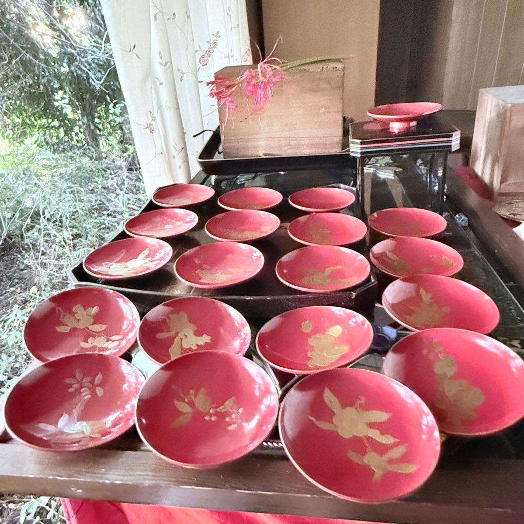 J様へ感謝お嫁入 ‼️高蒔絵『木の実』絵がわり引盃18客➕1プレゼント桐箱入茶道具