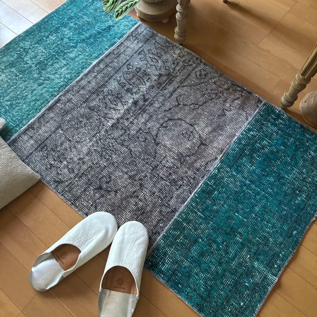 67.5×119パッチワーク　ブルーグリーン×グレイ　トルコヴィンテージラグ