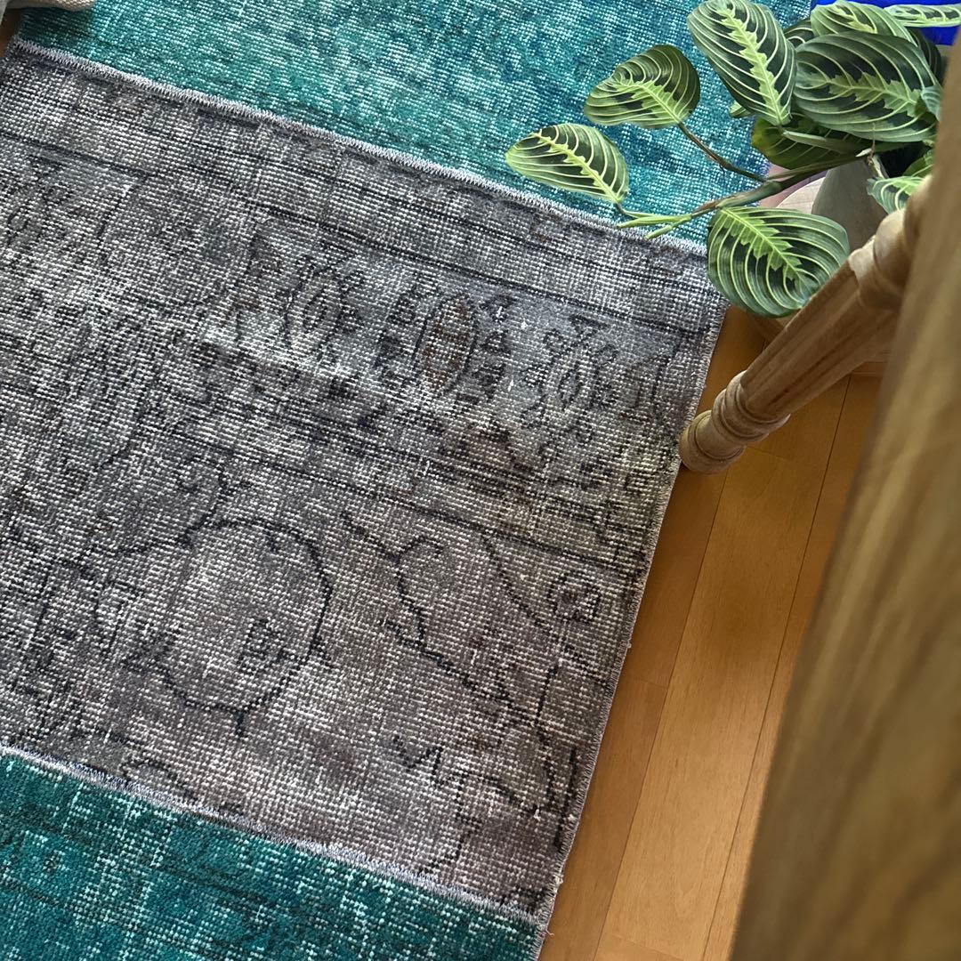 67.5×119パッチワーク　ブルーグリーン×グレイ　トルコヴィンテージラグ