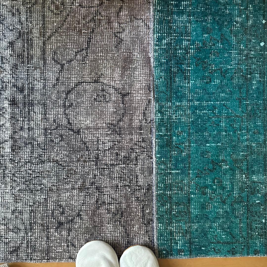 67.5×119パッチワーク　ブルーグリーン×グレイ　トルコヴィンテージラグ