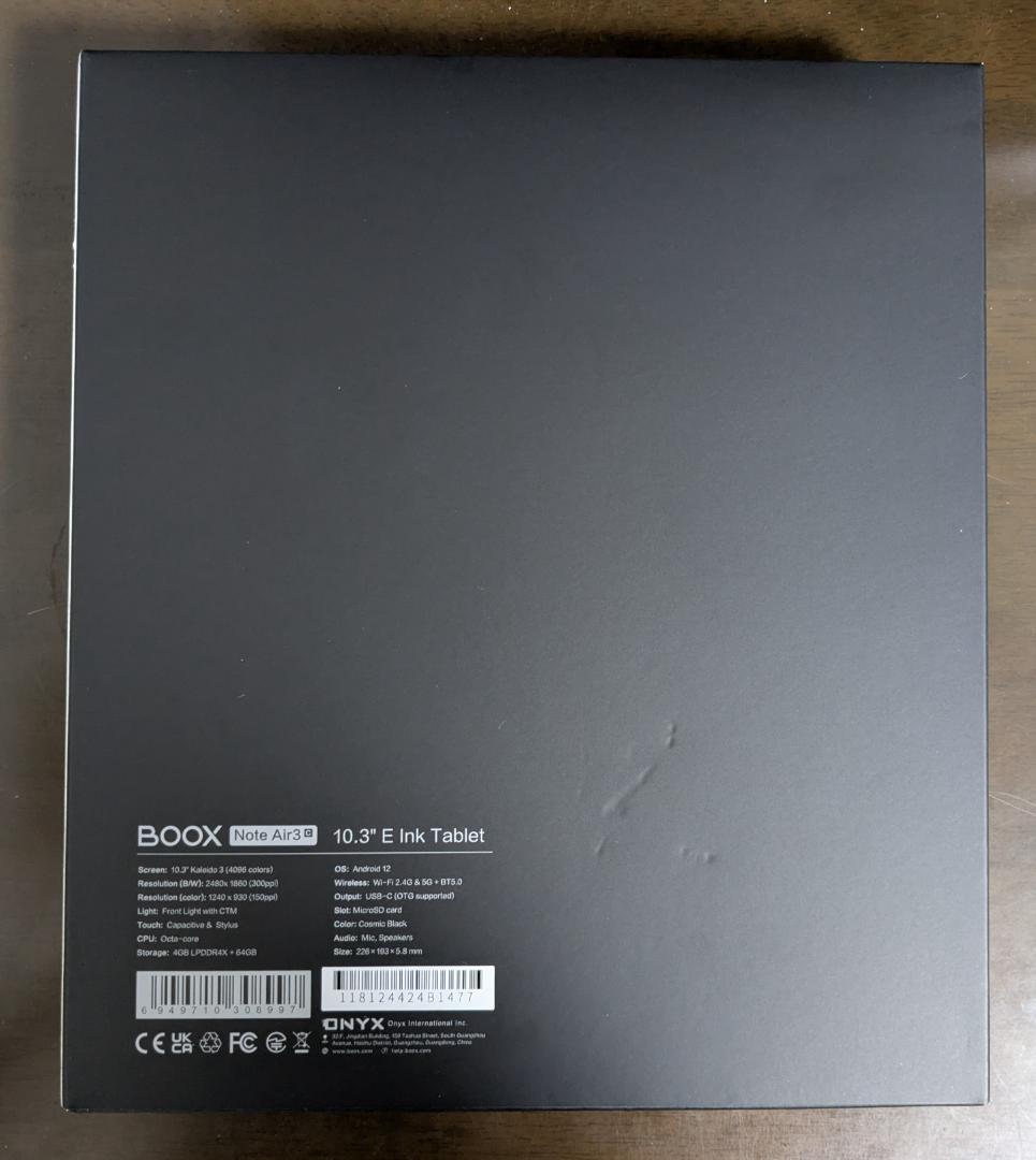 BOOX Note Air3C 10.3インチカラー電子ペーパー（ケーブル欠品）