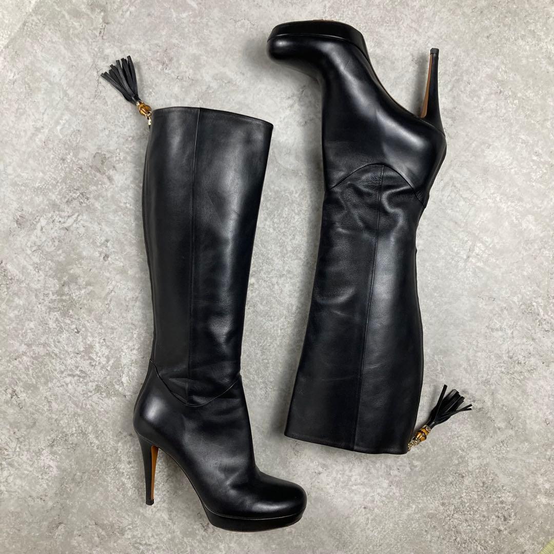 GUCCI グッチ　レザー　ロングブーツ　37.5 バンブー　フリンジ　チャーム