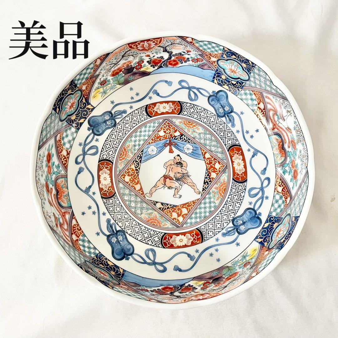【新品・未使用】相撲力士デザインの和風皿　古伊万里 色絵 大皿　伊万里大鉢大相撲