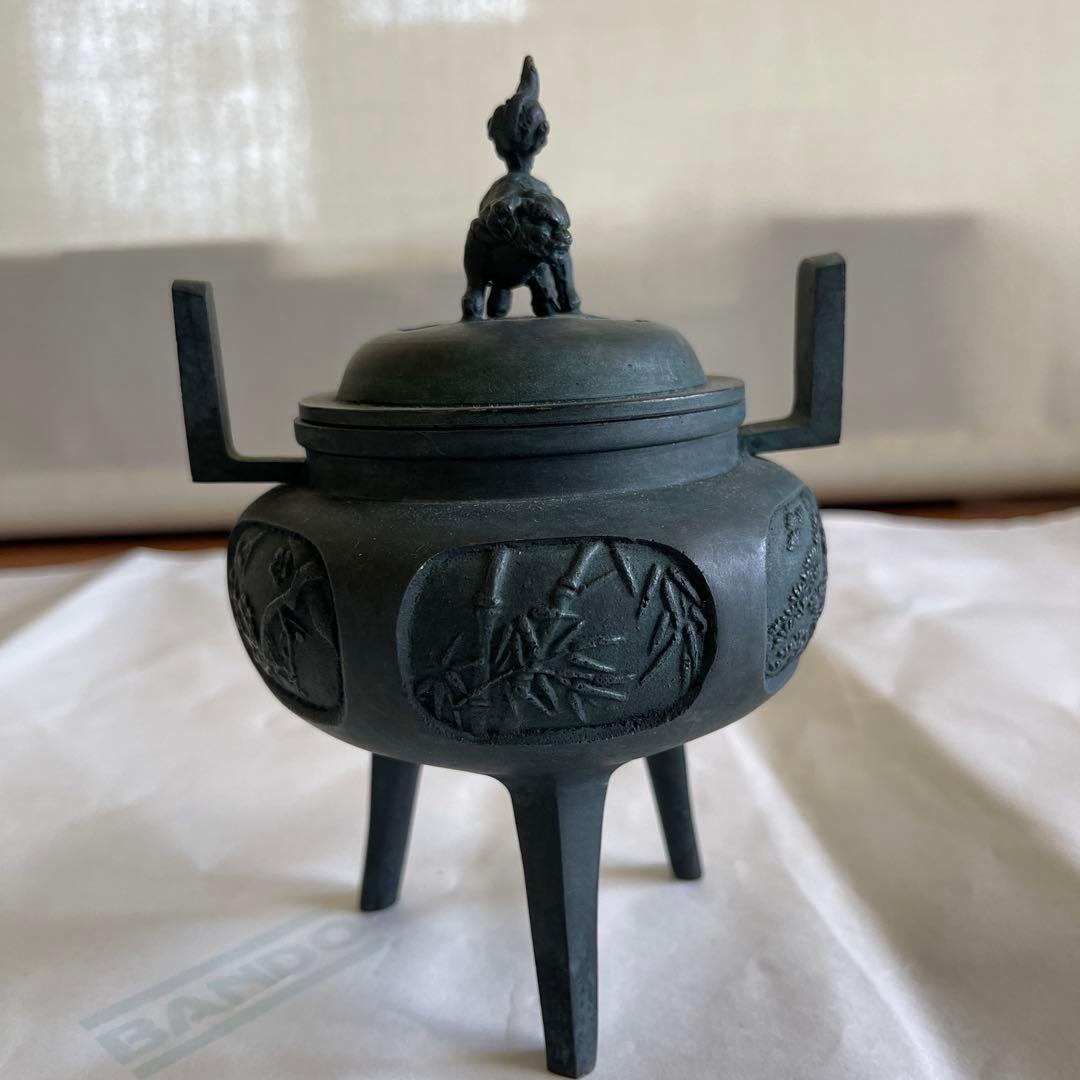 中古 銅製品　六面彫刻獅子の蓋の香炉