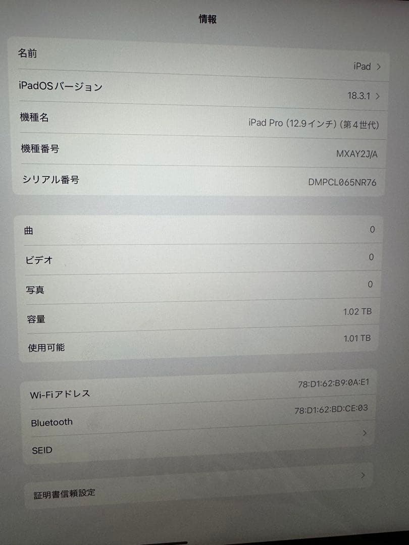 美品: iPad Pro 12.9 2020 Model / WiFi 1TB
