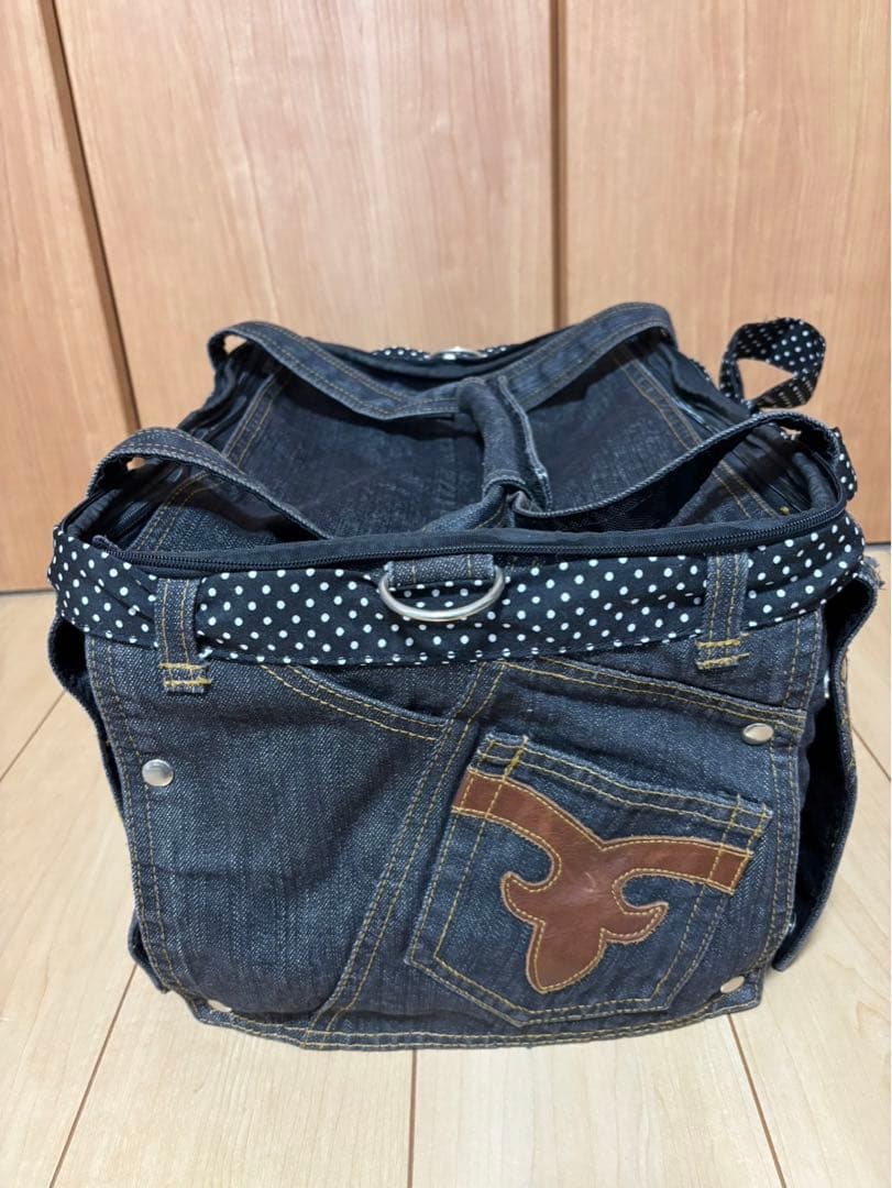 SALE希少美品マザーカートミニバギードットパターンデニム犬猫キャリー散歩バッグ