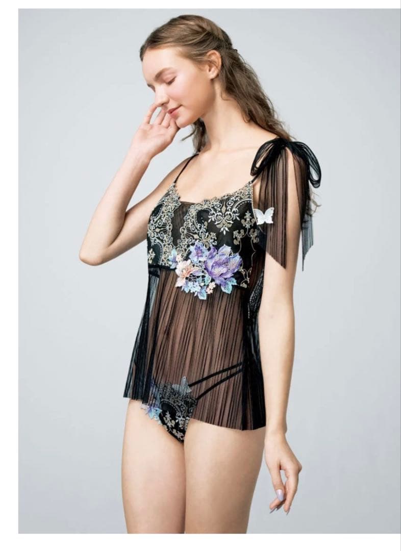 花柄刺繍 シースルーキャミソール ブラック