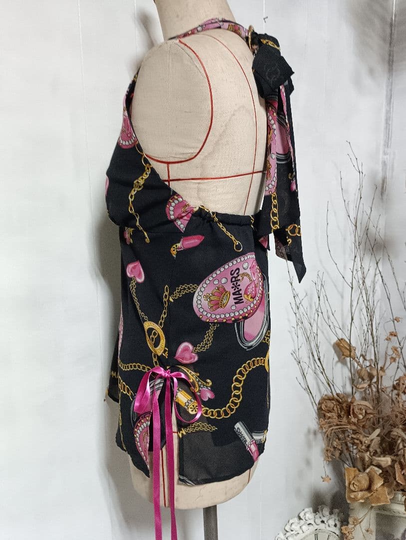 MARS マーズ ギャル　Y2K ブラックコスメ柄ホルターネックトップス