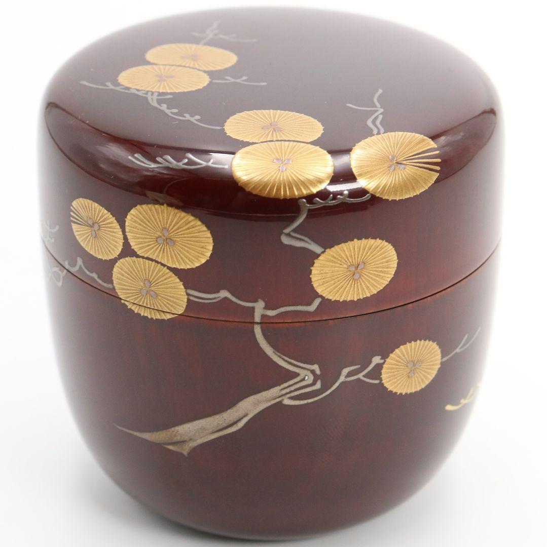 漆匠 高桑泉斎作 唐松蒔絵 溜塗 大棗 二重箱 茶道具 共布　AZ659　NT9