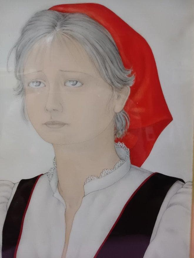 油彩画　栗原喜依子作「少女」　額付　SM　サイン有　真作保証　松坂屋シール有