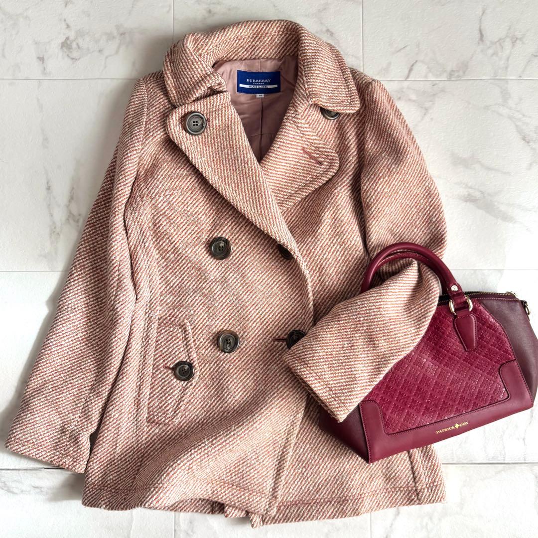 バーバリーブルーレーベル アンゴラ混 ツイード ピーコート ダブルブレスト