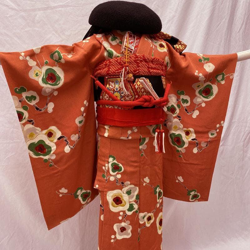 512ag37◎七五三 七歳 女児 アンティーク着物&袋帯 レトロ 梅 濃緋◎