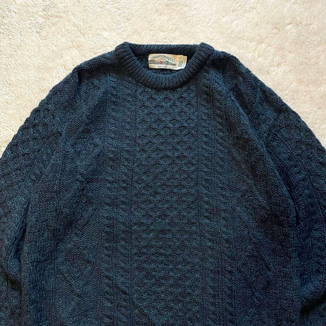 vintage 古着　アイルランド製　肉厚　フィッシャーマン　アランニット　紺色