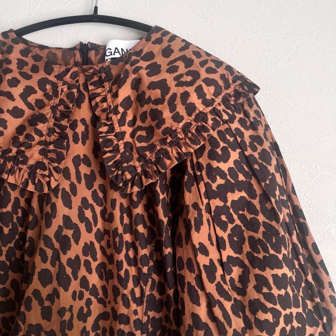美品】GANNI レオパード柄 フリル襟　ミニ丈ワンピース　総柄　派手　個性的