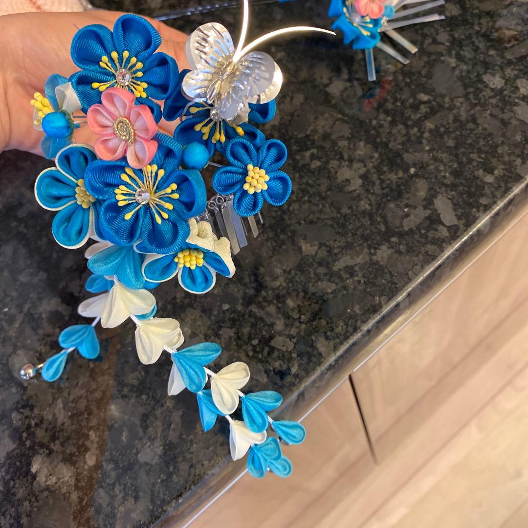 日本髪 髪飾り 七五三(7歳)～成人式 (ブルー×ピンク)