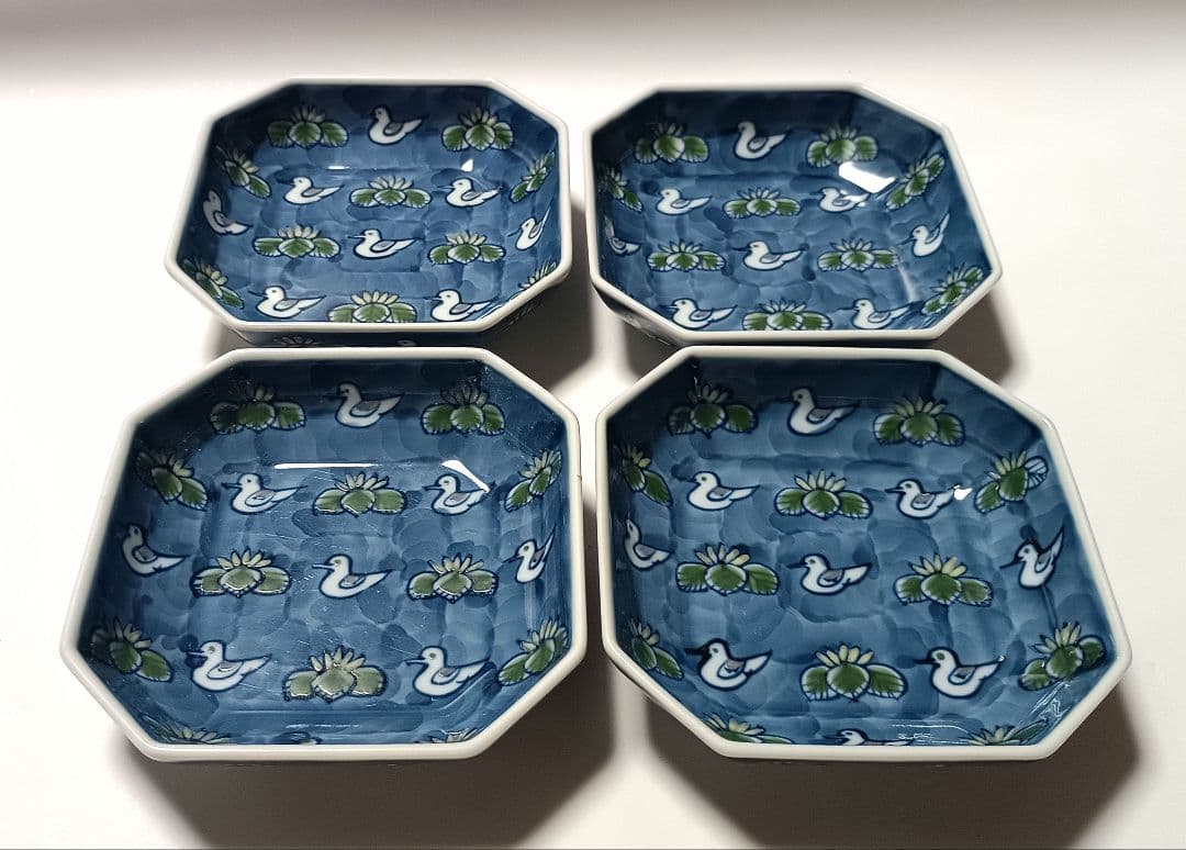 レア 源右衛門窯 染錦 水鳥図 小方皿 4客組