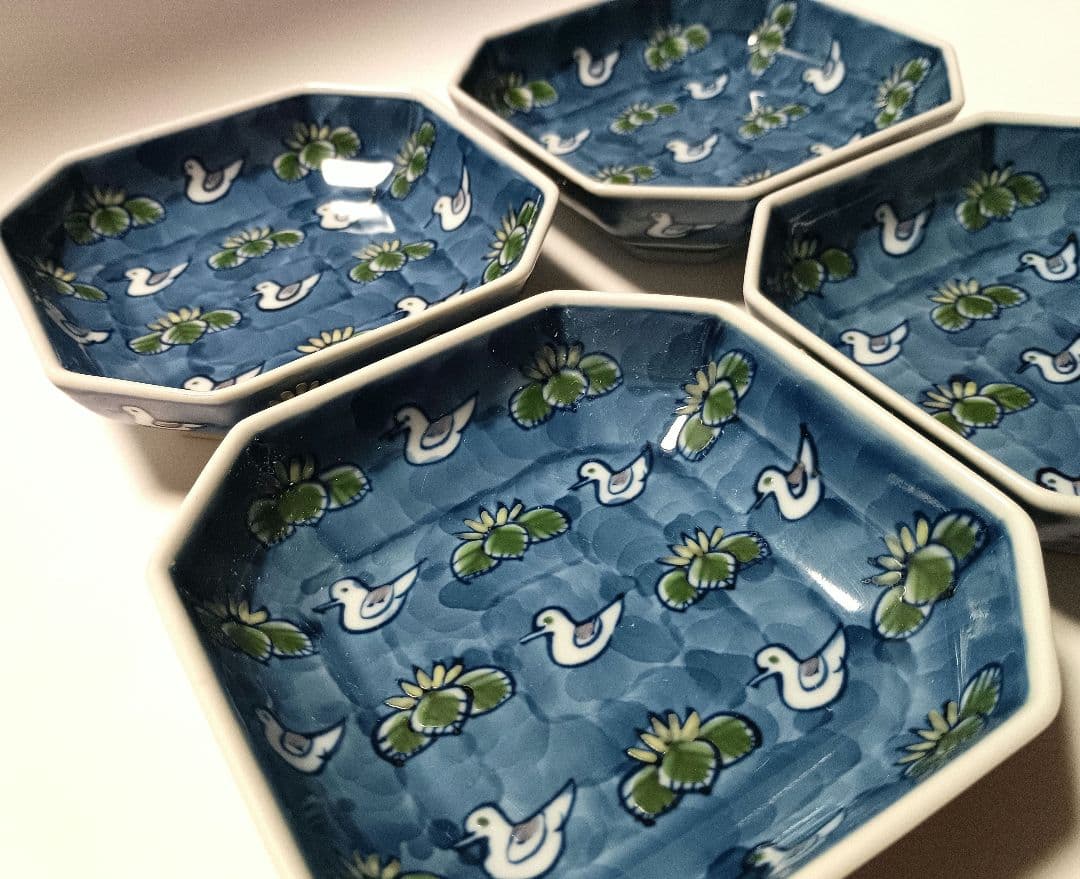 レア 源右衛門窯 染錦 水鳥図 小方皿 4客組