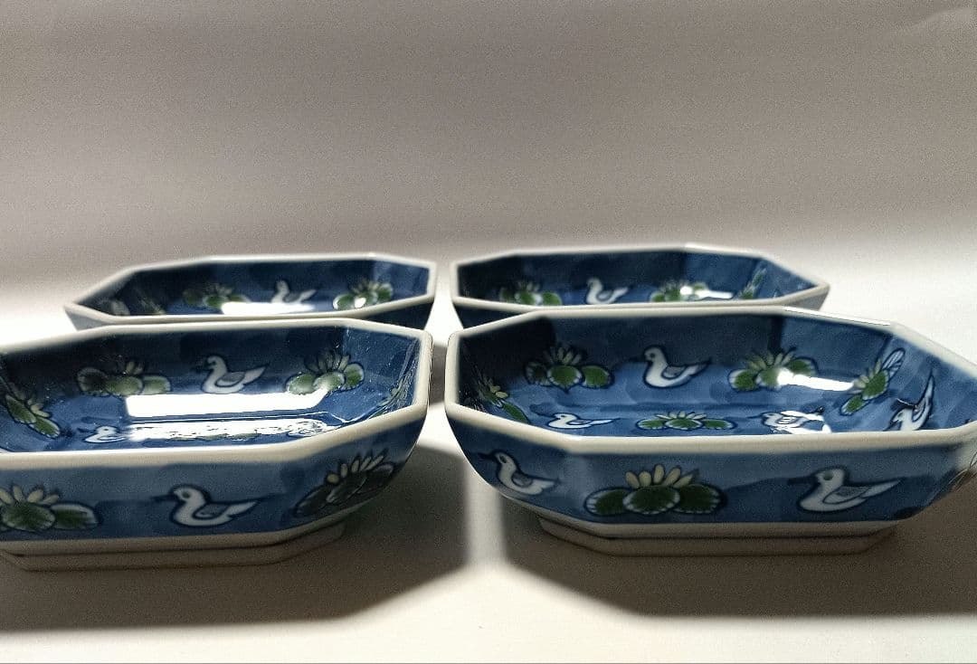 レア 源右衛門窯 染錦 水鳥図 小方皿 4客組