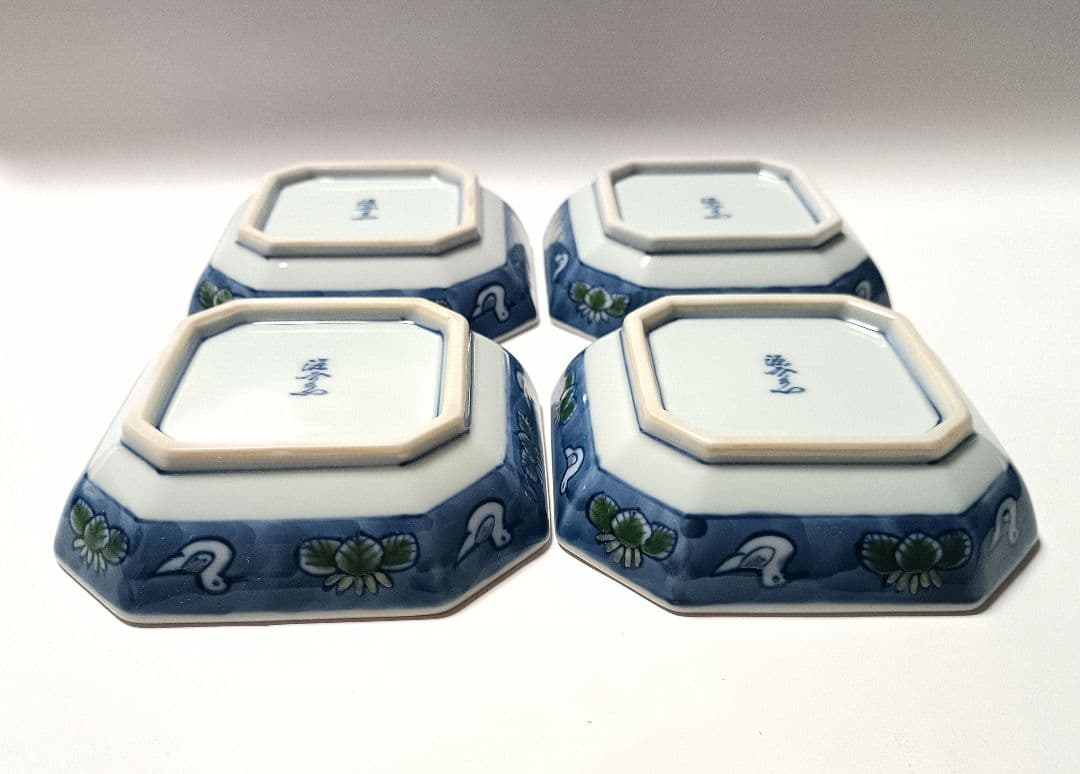 レア 源右衛門窯 染錦 水鳥図 小方皿 4客組