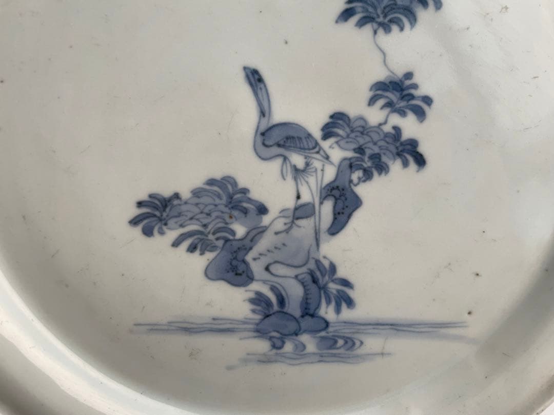 骨董　アンティーク　藍柿右衛門　染付　花鳥文　輪花七寸皿　白磁　古伊万里　藍九谷