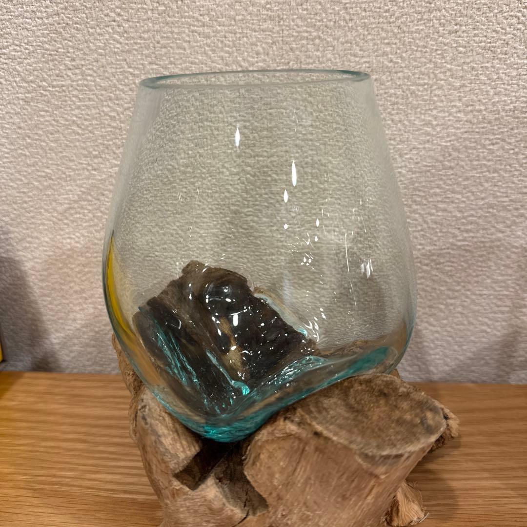 ガラス花瓶 木製台座付き