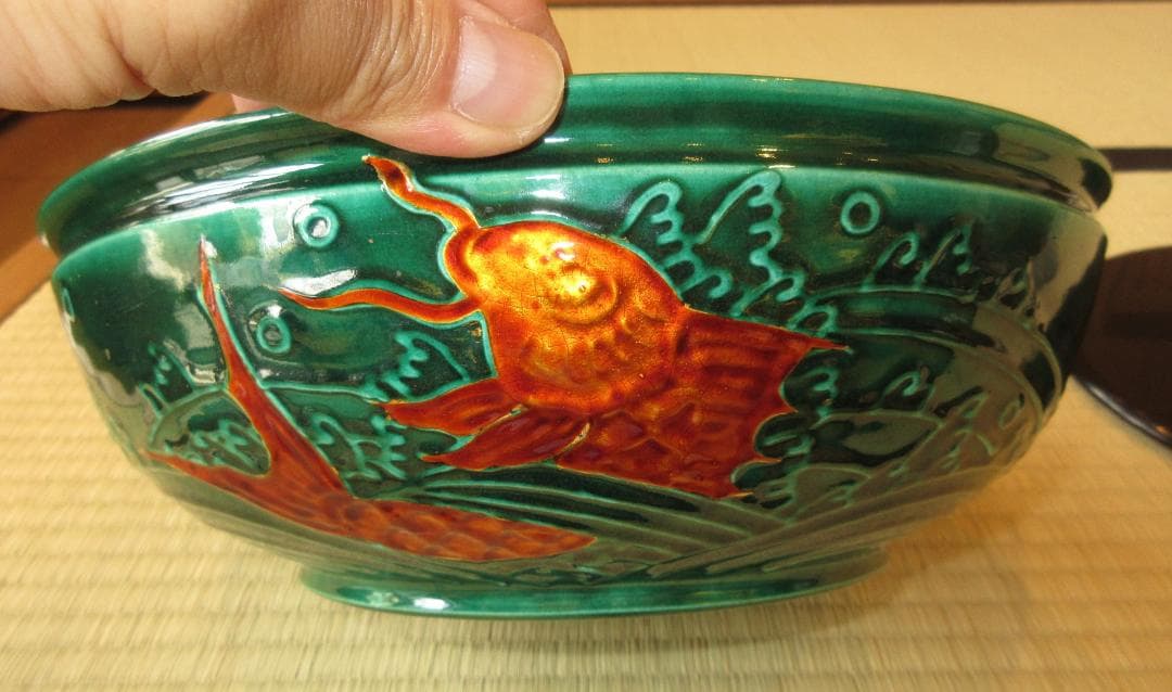 送料込【逢絢亭】茶道具 平水指 萬古焼 青交趾 荒磯の図 割蓋付 加賀瑞山 共箱