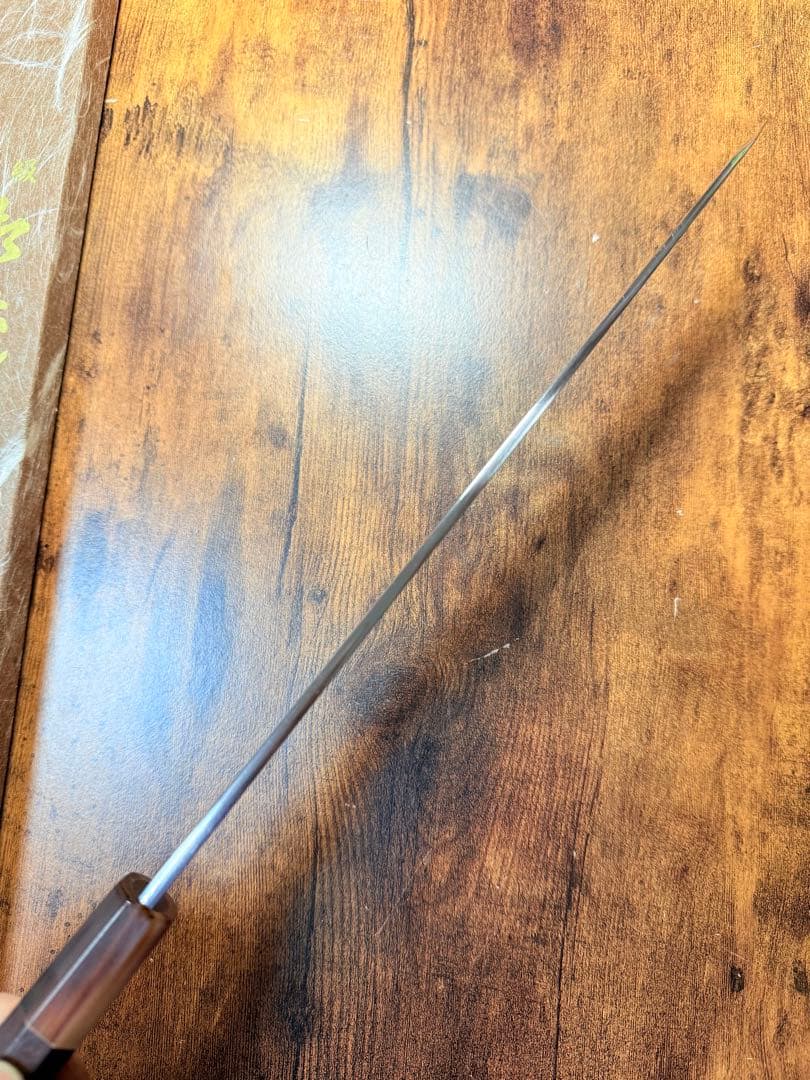 森本光一作　左用　刺身 切付　青鋼 紋鍛錬 尺　紫檀白水牛八角柄