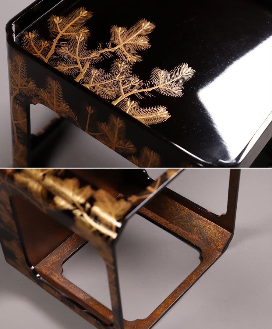 MA243 加賀蒔絵 能楽・翁 本金高蒔絵 朱塗三ッ盃・盃台 松蒔絵 木製 杯