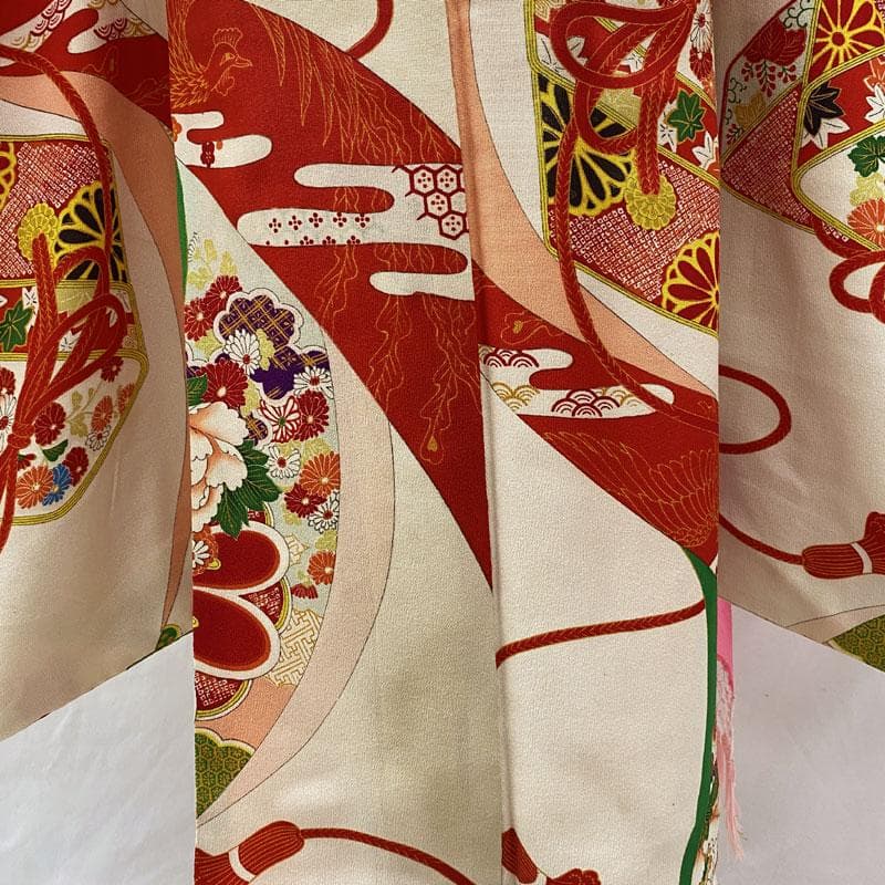 512ag39◎七五三 七歳 女児 アンティーク着物&袋帯 レトロ 総柄 白◎