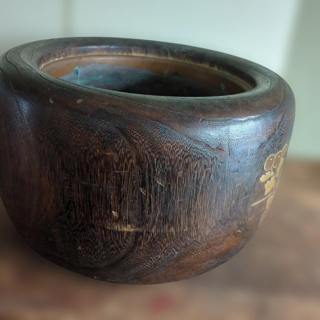 骨董　火鉢　蒔絵　螺鈿　大振り　内側銅器　花入　鉢カバー