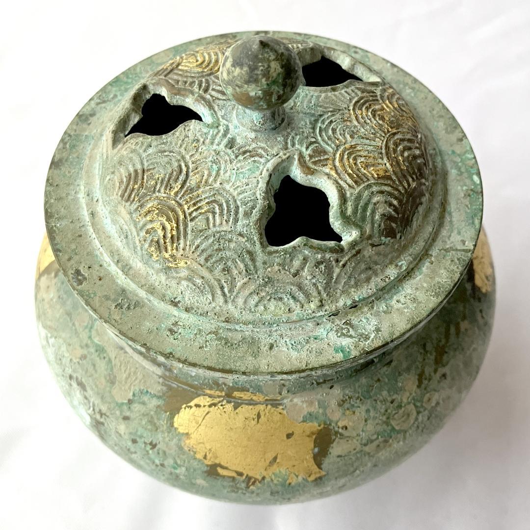 日本香堂 香炉 波千鳥 高岡銅器 銅製 金彩 緑青 古色仕上げ 仏具 茶道具