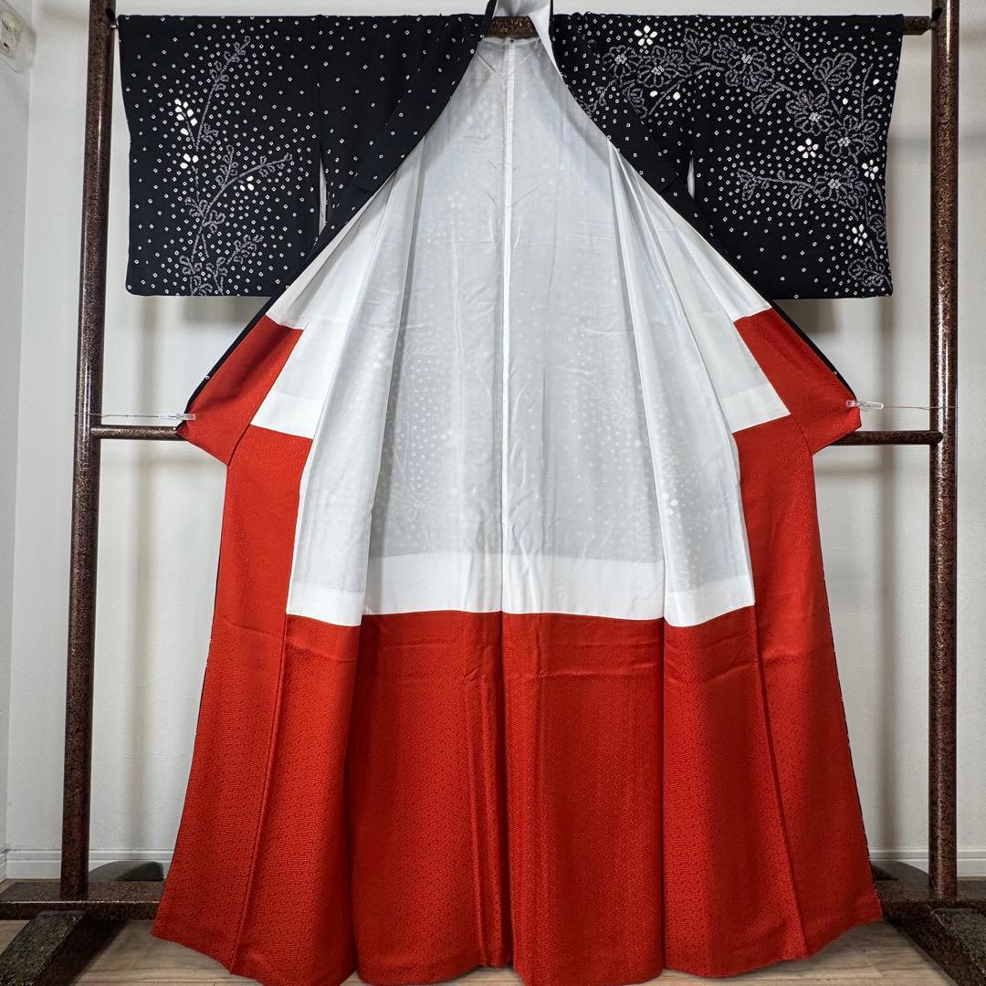 超美品　正絹　訪問着　付け下げ　着物　168裄69 トールサイズ　黒　白　絞り