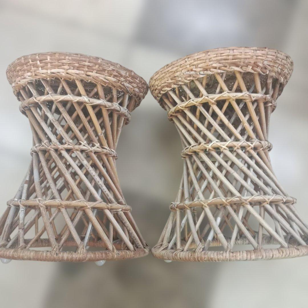 5140）ラタン　籐のスツール　丸椅子　チェア　２脚／昭和レトロ