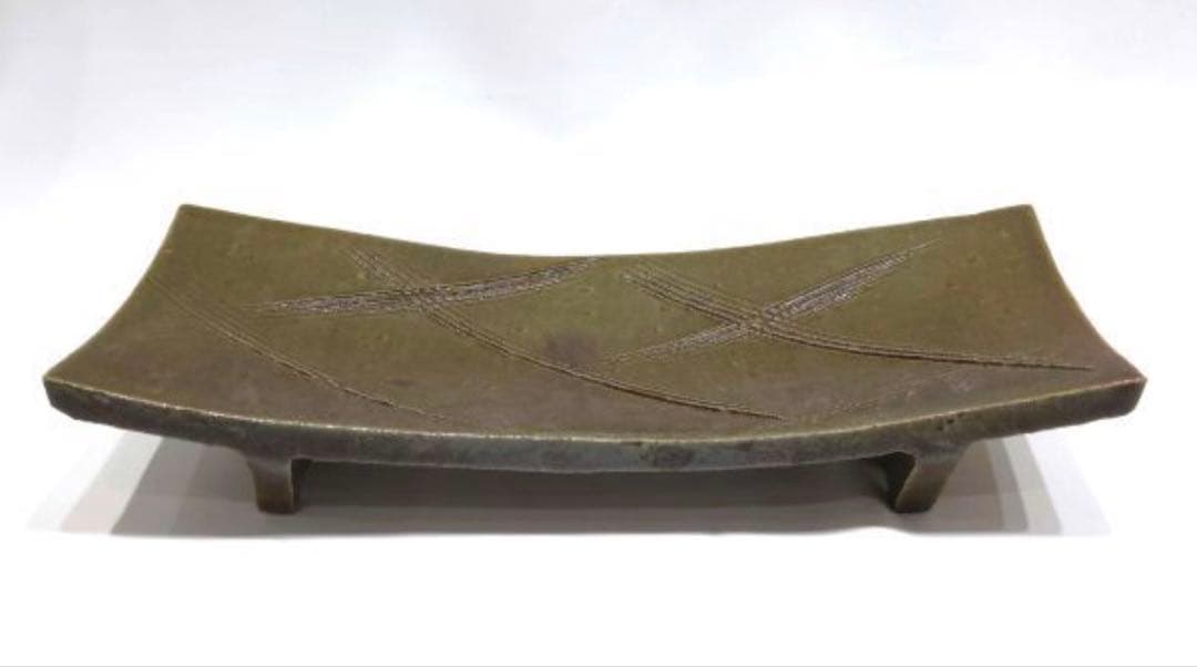 北大路魯山人　織部　櫛目　台皿　俎板皿