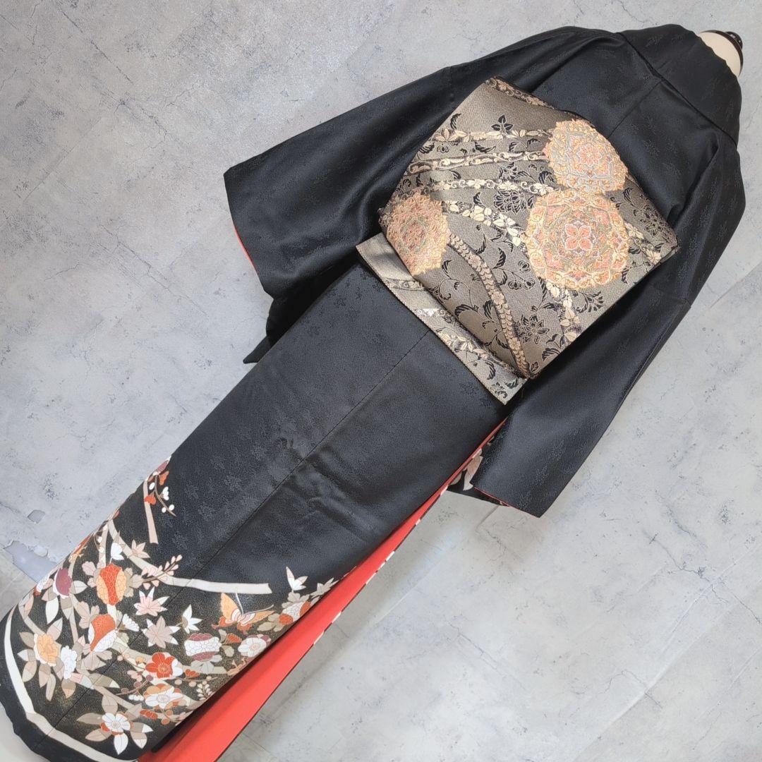訪問着　フルセット　着物　正絹　黒　トールサイズ　花　金彩加工　B1