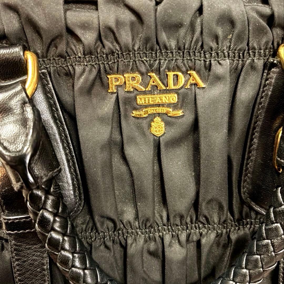 S58　美品PRADA プラダ ギャザー ハンドバッグ 2WAYショルダー