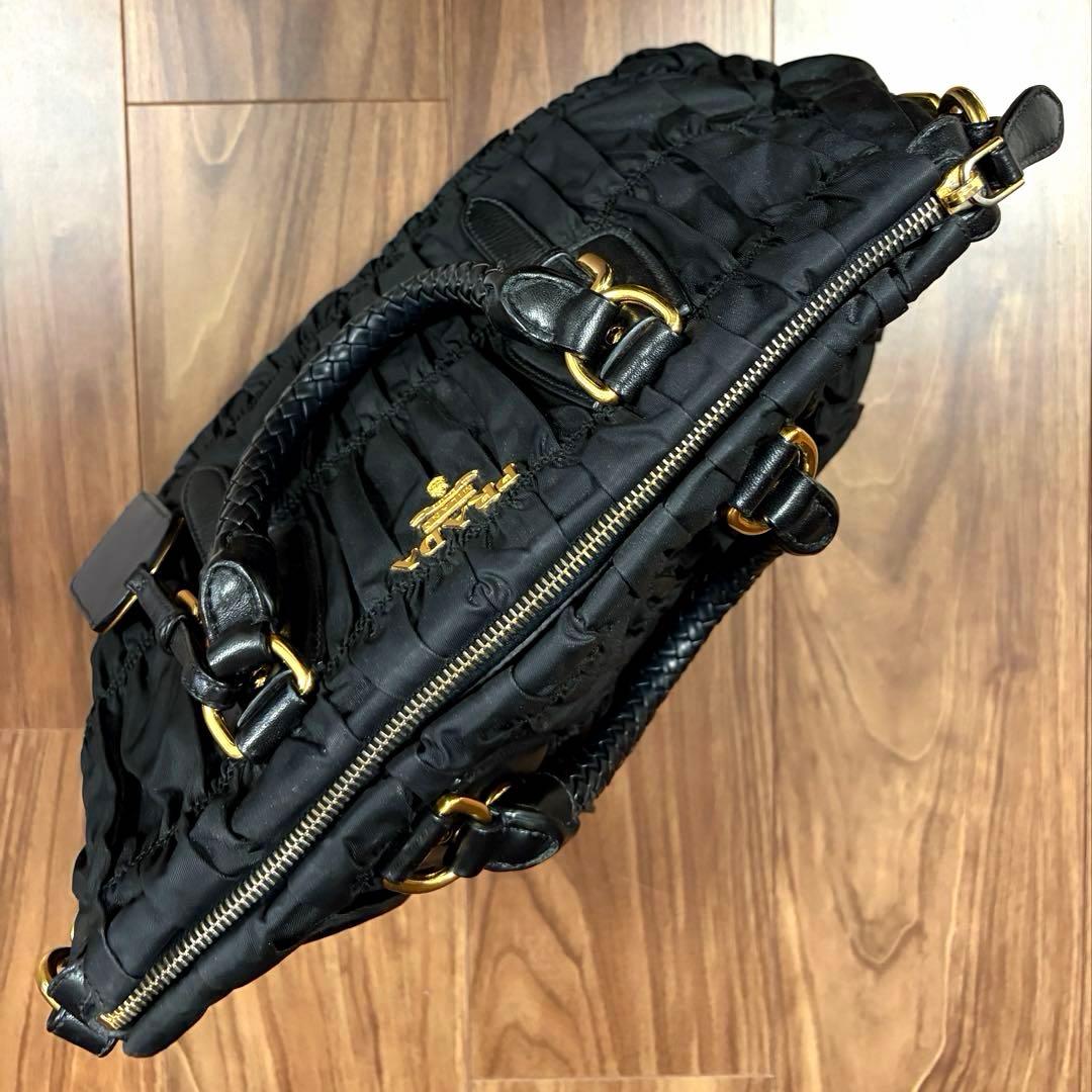 S58　美品PRADA プラダ ギャザー ハンドバッグ 2WAYショルダー