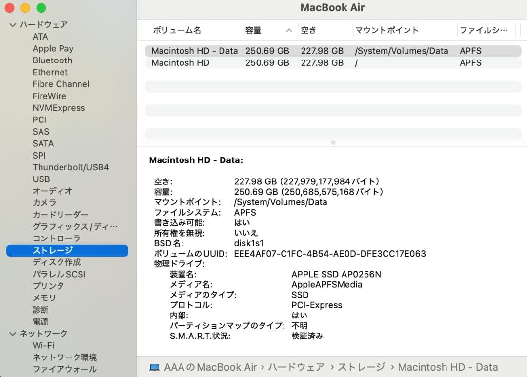 Mac Air 2020 A2179 13㌅ バッテリー正常『充放電3回』