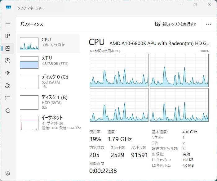 デスクトップPC A10-6800K　SSD　HDD　WIN11最新24H2
