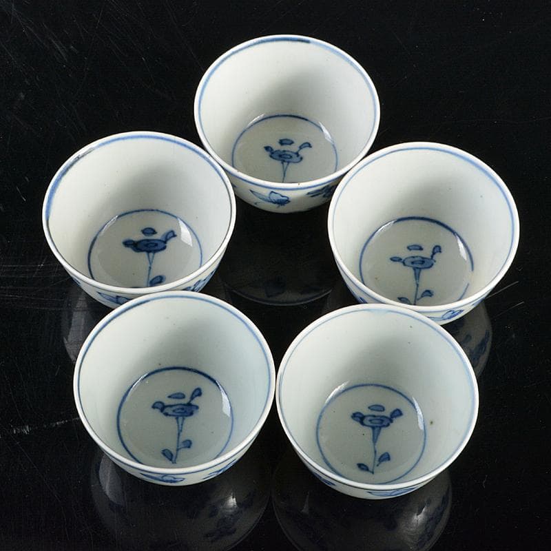 煎茶道具　伊万里焼　古伊万里　染付　花蝶文　煎茶碗　五客　時代箱　D　R6222