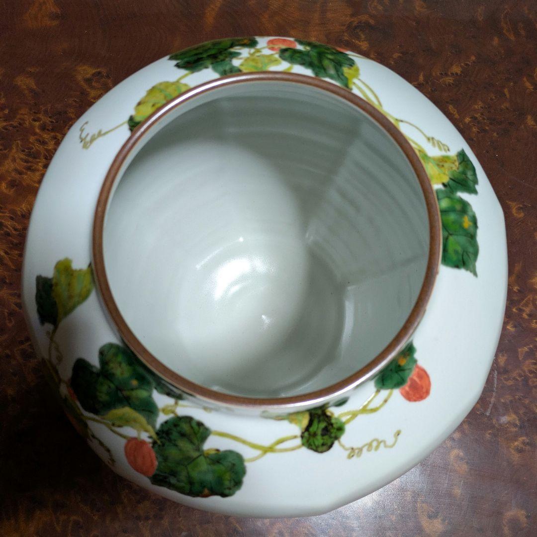 影山明志 色絵雀烏瓜紋 面取壺 藤本能道師事 日本工芸会正会員 茨城工芸会会員